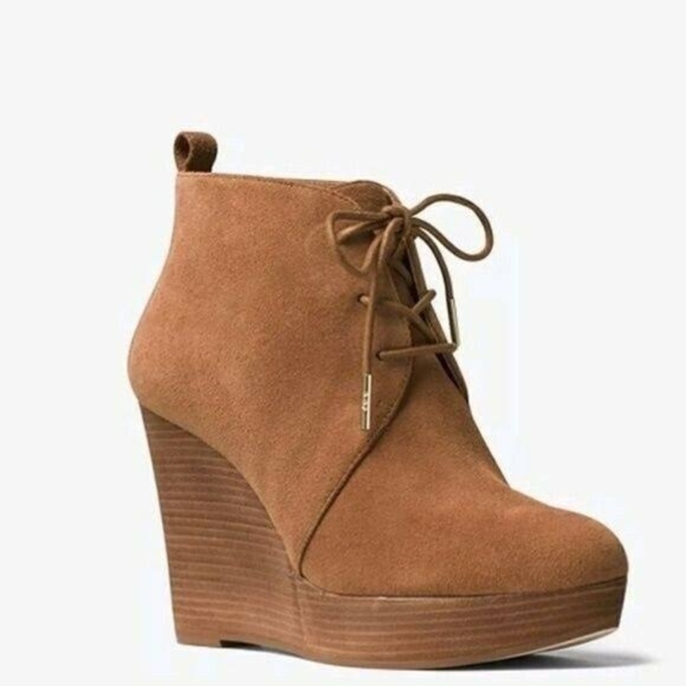 Michael Kors Pierce Suede Lace-Up Stacked Wedge Booties 7